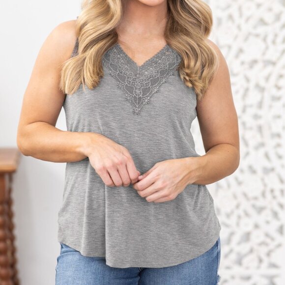 Sleeveless V-Neck Lace Neckline Knit Top - Picture 1 of 6